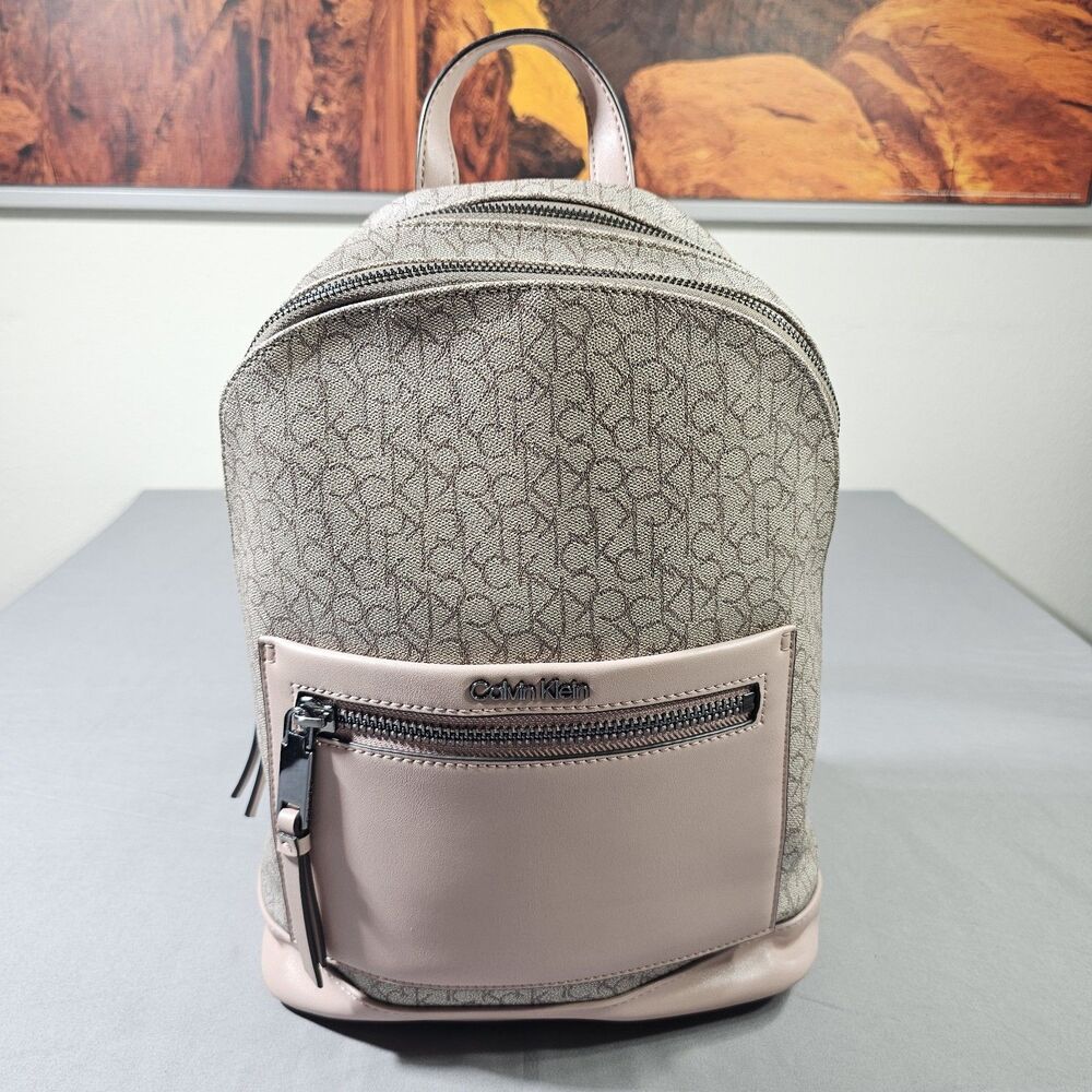 Calvin Klein Hudson Monogram Backpack Taupe Blush Pink CK Logo Pocket Bookbag